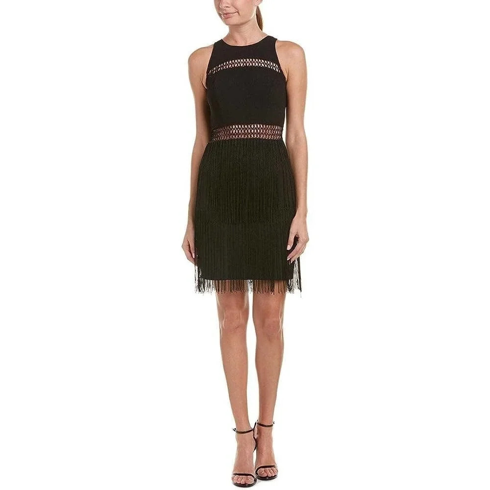 Aidan by Aidan Mattox Black Crepe Fringe Illusion Cutout Detail Cocktail Dress